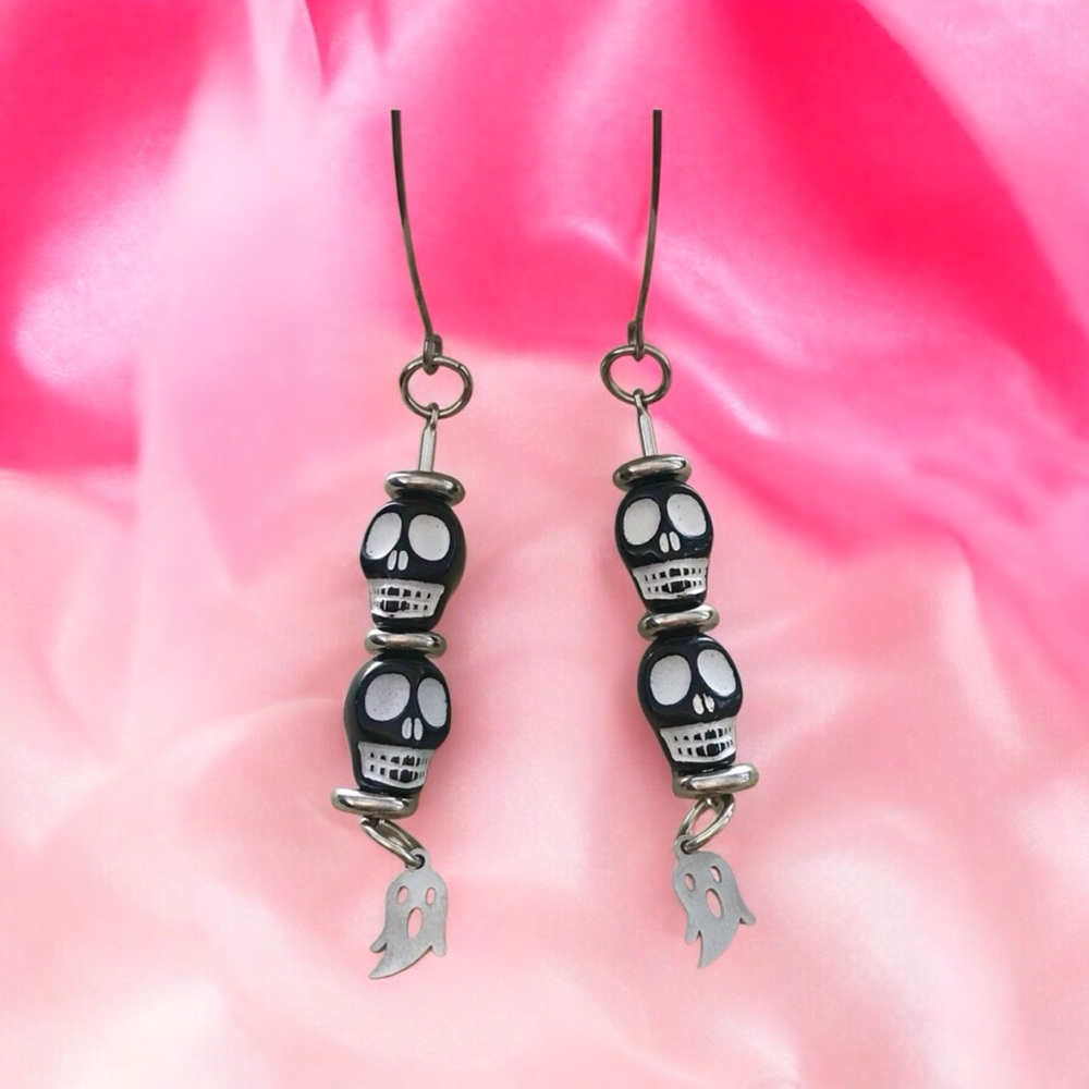 🆕 Skull and Ghost Dangle Earrings Resin/Stainless Steel